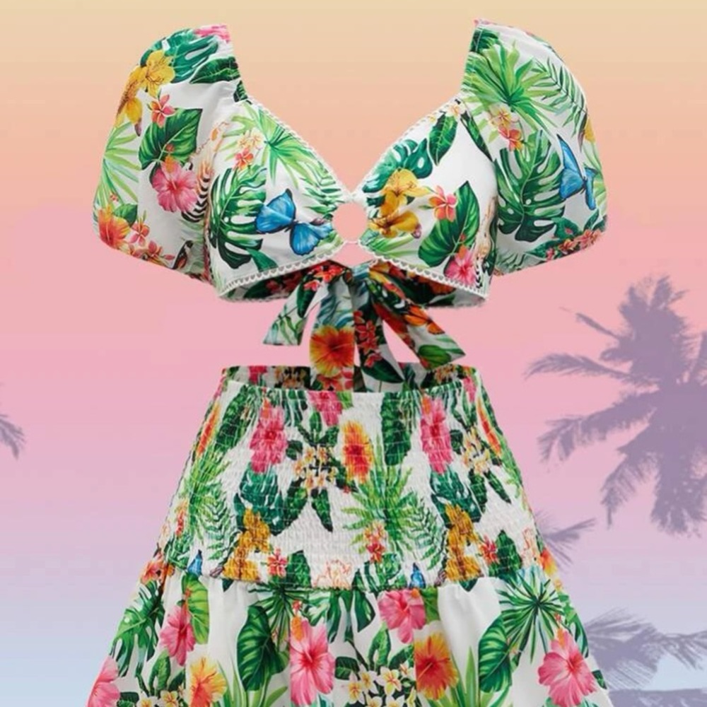 Shein XS tropical print puff sleeve tie back top and shirred ruffle hem skirt.